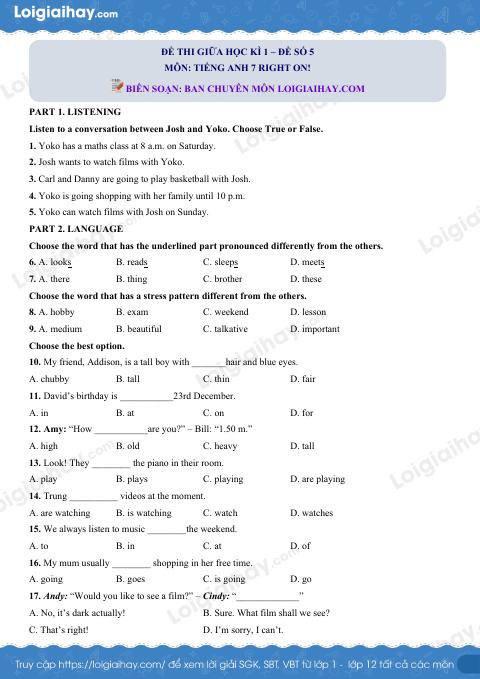 Đề thi giữa kì 1 Tiếng Anh 7 Right on! - Đề số 5